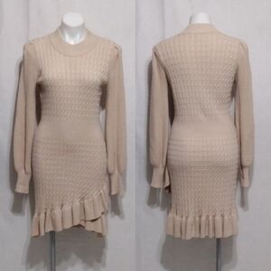 Flat White Ruffled Cable Knit Sweater Dress Puff Sleeve Cozy Chic Boho Luxe S